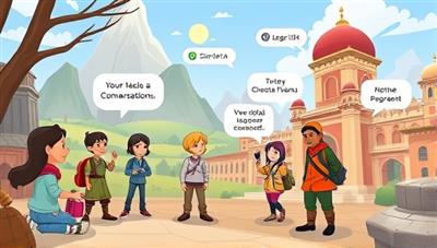 An interactive language quest scene with animated characters engaging in language exercises, exploring virtual landmarks, and practicing conversational skills, illustrating the gamified and educational aspects of LingoQuest language learning platform.