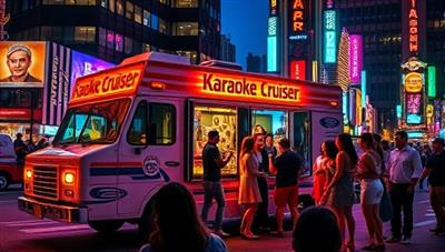 A lively image of the Karaoke Cruiser truck parked in a vibrant city setting, with a group of people gathered around a microphone, singing and dancing to their favorite tunes, surrounded by colorful lights and a festive atmosphere, capturing the energetic and social essence of the mobile karaoke experience.