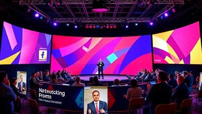 A vibrant virtual event stage setup featuring a keynote speaker engaging with a diverse virtual audience, interactive event booths, networking lounges, and live polls, creating a dynamic and immersive virtual event environment that fosters collaboration and engagement among participants.