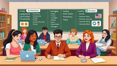 An interactive digital classroom environment featuring diverse avatars engaged in language learning quests, practicing vocabulary, and communicating in multiple languages with interactive language tools and rewards, symbolizing fun, immersion, and progress in language acquisition through gamification.