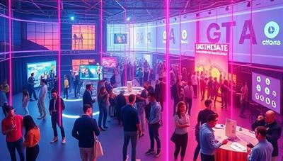 An immersive VR world depicting a vibrant digital cityscape filled with avatars interacting in social spaces, attending virtual events, and engaging in various activities, showcasing the dynamic and engaging nature of the social VR networking platform.