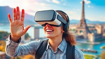 An individual wearing a VR headset, smiling and reaching out as if touching a virtual landmark, with a backdrop of a stunning virtual travel destination, evoking a sense of wonder and adventure.