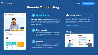 An interactive remote onboarding platform interface displaying a virtual orientation session, digital forms for new hires to fill out, and engaging training modules, creating a seamless and user-friendly onboarding experience for remote employees and HR teams.