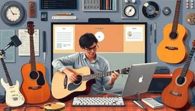 An artistic representation of a virtual music mentorship session with a musician receiving feedback from a mentor, surrounded by musical instruments and digital tools, capturing the collaborative and supportive environment of HarmonyMentor Network in music mentorship.