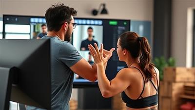 A dynamic image of a fitness coach leading an online workout session, interacting with clients through a screen, displaying energy and motivation in a virtual training environment.