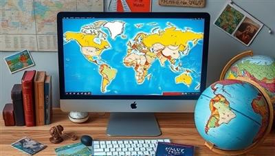 A digital workspace with a travel map on the screen, surrounded by passport stamps, travel guides, and a globe, evoking a sense of adventure and wanderlust.