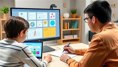 A virtual tutoring session with a student and a tutor engaged in an interactive online lesson, with study materials and digital tools displayed on the screen, highlighting the educational support and personalized learning experience provided by StudyBuddy's online tutoring platform.