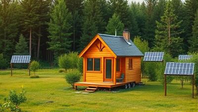 A serene landscape showcasing a beautifully crafted and sustainable tiny house surrounded by lush greenery and solar panels, embodying eco-friendly living and harmony with nature.