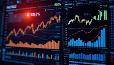 An illustration of a digital interface displaying complex financial data being analyzed by AI algorithms, with graphs and charts showing strategic insights, conveying innovation and sophistication.