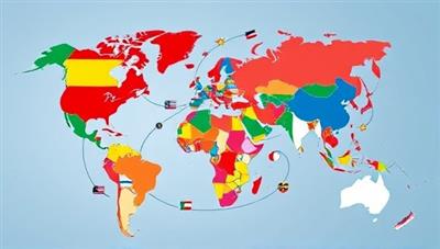A vibrant digital map illustrating language flags and icons representing different countries, interconnected by virtual communication lines, symbolizing a diverse and inclusive online language learning community where global connections are fostered through language practice and cultural exchange.