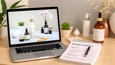 A sleek and modern virtual skincare consultation setup with a laptop showing skincare products, a notepad with personalized skincare recommendations, and a background of soothing spa-like ambiance, evoking a sense of personalized care and expertise.