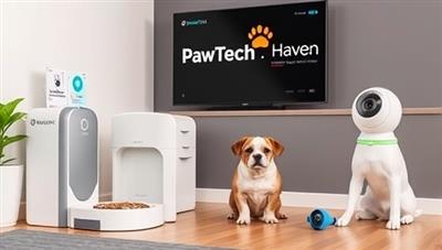 A modern pet care setup featuring automated feeding stations, GPS pet trackers, and smart pet cameras, capturing the convenience and innovation of PawTech Haven's tech-savvy pet care services, ensuring the well-being of furry companions.