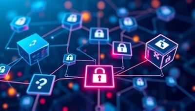 An abstract visual representation of the MediChain Trace blockchain system, featuring interconnected blocks representing secure data nodes, encrypted drug supply chain pathways, and digital lock symbols, symbolizing transparency, security, and trust in pharmaceutical traceability processes.