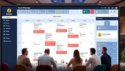 A virtual event planning dashboard displaying a calendar, event timelines, and communication tools, with a team of planners coordinating details and logistics in real-time, showcasing professionalism and efficiency in event management.