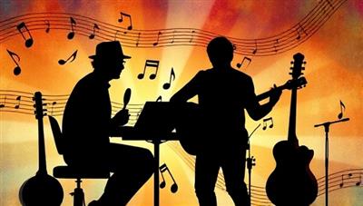 An artistic and musical backdrop with silhouettes of mentors and mentees engaged in a virtual music lesson, surrounded by musical notes and instruments, symbolizing creativity, collaboration, and growth in the music industry.