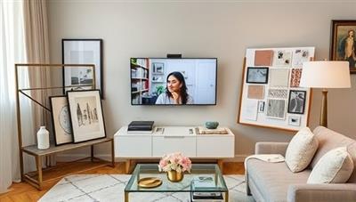An elegant virtual design consultation setup featuring a designer interacting with a client via video call, surrounded by design samples, fabric swatches, and a mood board, creating a sophisticated and creative atmosphere that reflects personalized design expertise.