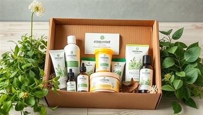 An aesthetically pleasing image featuring a collection of eco-friendly beauty products arranged in a sustainable packaging box, surrounded by greenery and natural elements, conveying a sense of eco-consciousness and beauty wellness.