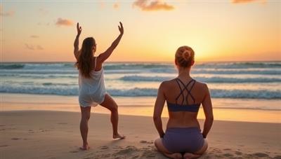 A wellness coach providing virtual guidance to a traveler practicing yoga on a serene beach, surrounded by calming ocean waves and a picturesque sunset, embodying relaxation, balance, and holistic well-being during travel.