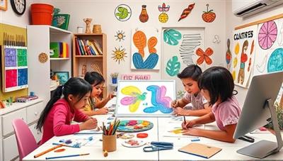 A vibrant and colorful digital art studio setting with children of diverse backgrounds engaging in an online art class, surrounded by creative tools, colorful artworks, and enthusiastic art instructors, capturing the essence of artistic exploration and learning.