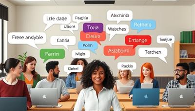 An online language classroom scene with diverse avatars representing different cultures engaged in a virtual language exchange session, with speech bubbles displaying phrases in various languages, fostering a dynamic and inclusive learning environment.