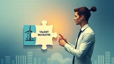 An artistic representation of a talent recruiter connecting puzzle pieces representing specialized skills with corresponding industry sectors like renewable energy, blockchain, and space exploration, symbolizing the perfect match between talent and industry needs.