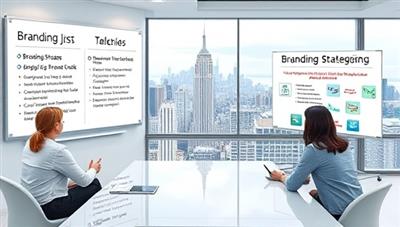 A digital visual representation of a branding workshop with virtual whiteboards filled with branding strategies, clients engaging in personal brand exercises, a digital mirror reflecting brand transformations, and a skyline backdrop symbolizing professional growth and visibility, highlighting personal branding journeys.