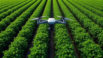 A captivating drone's eye view image of a lush green farm field with rows of crops, showcasing the precision and detail captured by agricultural drones in monitoring crop health and growth stages, highlighting the benefits of AeroCrop Insights' services.