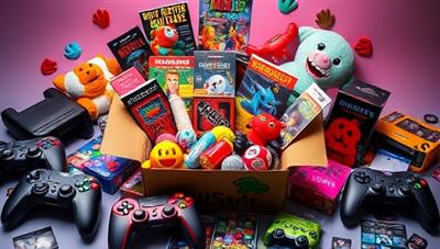 An array of colorful and enticing gaming merchandise spilling out of an open subscription box, surrounded by gaming controllers, plushies, posters, and collectibles, creating a sense of excitement and anticipation for subscribers.