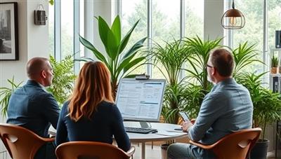 An image of a consultant presenting a sustainability plan to a group of engaged small business owners in a cozy, eco-friendly office setting, with green plants and natural light enhancing the atmosphere.
