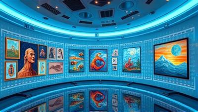 A futuristic digital art gallery showcasing a variety of tokenized artworks on screens, with blockchain symbols in the background representing security and authenticity, creating a blend of artistry and technological innovation.