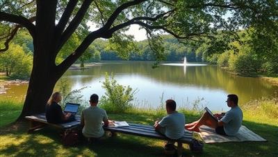 A serene writing retreat setting overlooking a tranquil lake surrounded by lush greenery, with writers immersed in their craft under the shade of a tree, notebooks and laptops open, capturing the essence of peaceful creativity and natural inspiration.
