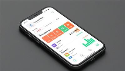 A sleek and modern smartphone screen displaying the ExpenseTrackr app interface with colorful graphs and expense categories, showcasing its user-friendly design and functionality.