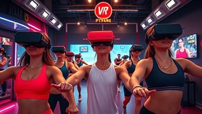 An immersive image of individuals wearing VR headsets and engaging in virtual fitness challenges within the VR FitZone platform, surrounded by futuristic workout environments and interactive fitness elements, showcasing the blend of technology and exercise for an exciting fitness experience.