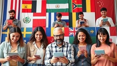 A diverse group of people engaging in a virtual language learning session, each interacting with the platform on their devices, with colorful language flags in the background, showcasing a dynamic and engaging learning environment.