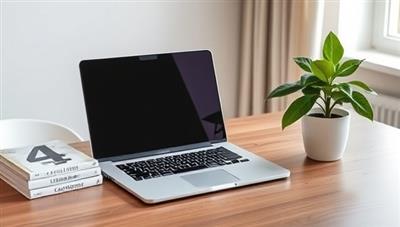 A modern home office setup with a sleek laptop, career books, and a plant, symbolizing professionalism and career growth in a virtual consulting environment.