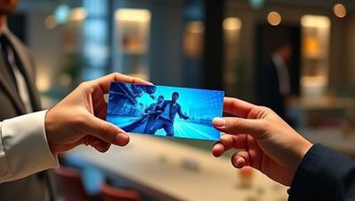 A professional exchanging an AR business card with a potential client, showcasing the card's dynamic AR content overlaying the real-world scene, creating a futuristic and interactive networking experience.