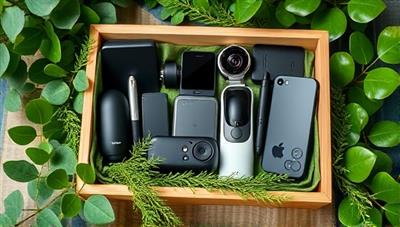 An assortment of sleek and sustainable tech gadgets arranged in a beautifully crafted eco-friendly box, surrounded by greenery and natural elements, symbolizing innovation and environmental consciousness.