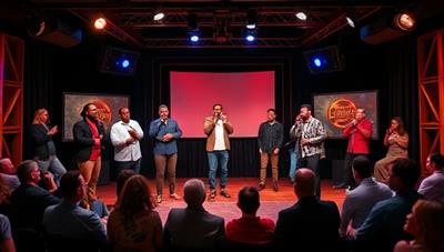 A virtual comedy stage with a diverse lineup of comedians performing live, engaging with a virtual audience through laughter and entertainment, capturing the lively and interactive atmosphere of LaughNet Live's online comedy club.