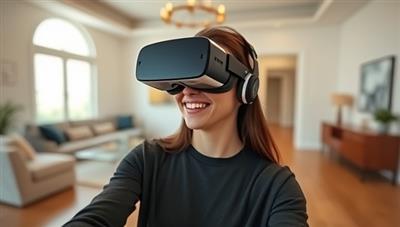 A person wearing VR goggles, smiling as they virtually walk through a beautifully designed home, with digital furniture popping up to showcase the potential of virtual real estate tours.
