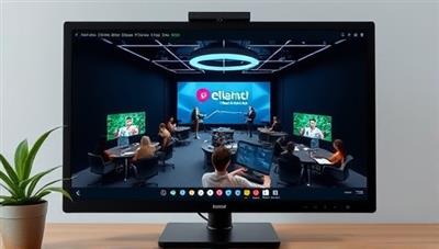 An interactive virtual event setup on a computer screen, featuring a virtual conference room with multiple avatars networking, presenting, and engaging in discussions, illustrating the platform's versatility and immersive experience.