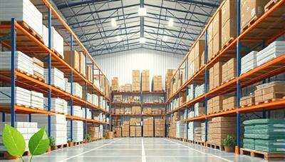 An artistic depiction of a warehouse stocked with shelves of biodegradable packaging materials, with images of green leaves and recycling symbols, conveying a message of eco-friendly and sustainable warehouse solutions.