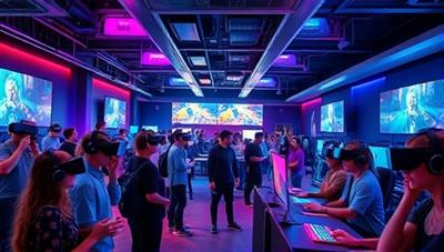 A futuristic gaming lounge filled with people wearing VR headsets and interacting with virtual environments, surrounded by neon lights and high-tech gaming equipment, illustrating the excitement and immersion of virtual reality entertainment.