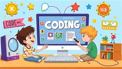 A colorful and playful illustration of kids engaged in coding activities on a computer screen, surrounded by game elements like badges, levels, and characters, creating a fun and educational coding adventure for young learners.