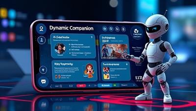 An imaginative representation of a smartphone screen displaying the AI companion app interface with dynamic gaming insights, personalized recommendations, and interactive gaming tutorials, accompanied by a virtual AI character avatar providing guidance and assistance to a player, illustrating a futuristic and intelligent gaming experience.