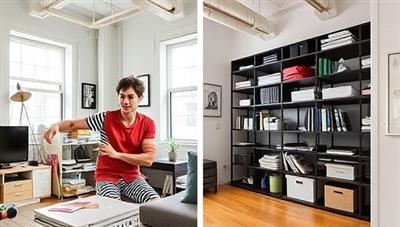 An urban apartment setting with cluttered spaces transformed into neatly organized storage areas using smart shelves and technology, showcasing the efficiency and modernity of SpaceNest's solutions.