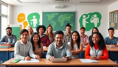 An engaging virtual classroom setting with diverse avatars representing different cultures, interacting with each other while learning languages together, creating a vibrant and inclusive learning environment.