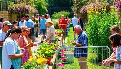 An image of a vibrant outdoor community event with diverse attendees engaging in seed swapping, plant exchanges, and interactive gardening workshops, surrounded by colorful blooms and greenery, fostering a sense of shared gardening passion.