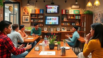 A digital language cafe scene with diverse participants engaging in language exchange sessions, cultural discussions, and virtual language games, creating a vibrant and immersive language learning experience.