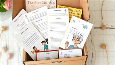 An image of a beautifully designed storytelling box filled with writing prompts, colorful stationery, artistic illustrations, and a mini guidebook, creating an inviting and immersive experience that sparks creativity and storytelling inspiration.