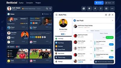 An interactive and vibrant social platform interface showcasing user profiles, betting pools, live updates, and a chat feature for real-time interactions, fostering a sense of community and camaraderie within the BetSocial Exchange platform.